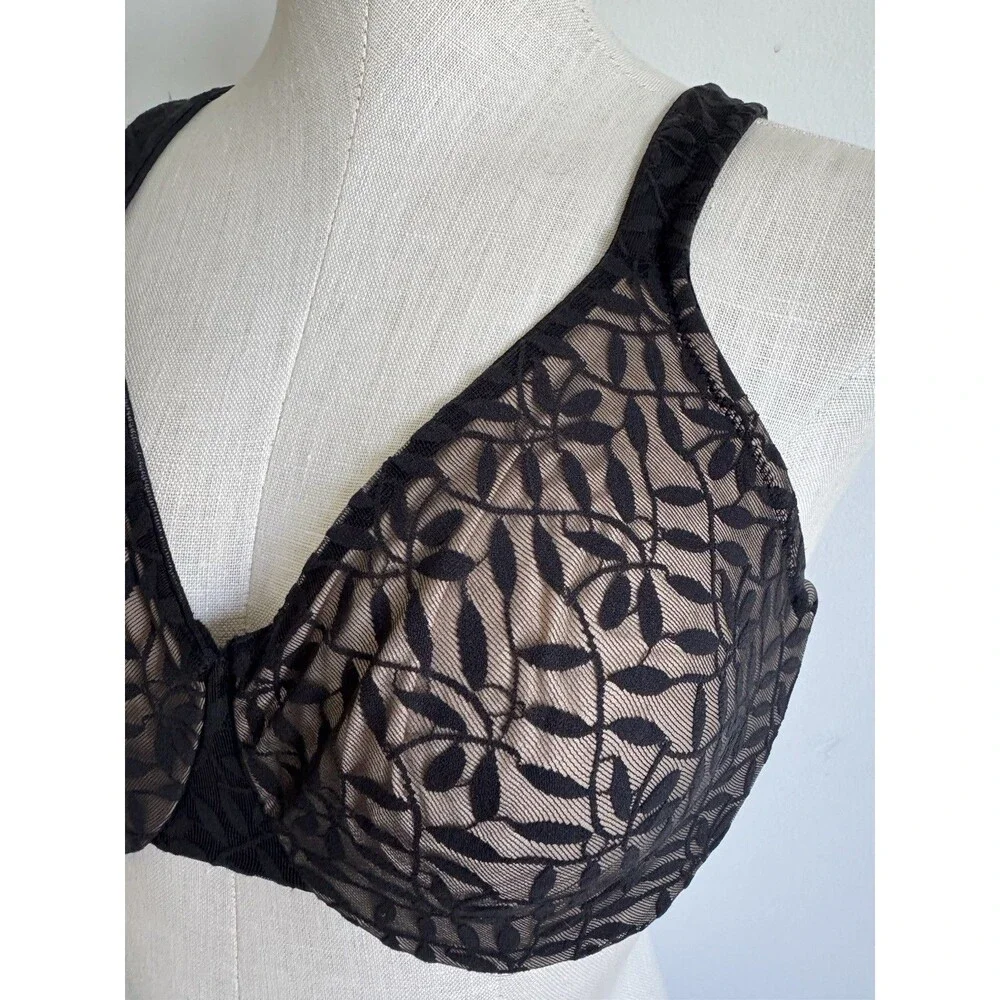 Olga Sheer Leaves 35519 Lace Minimizer Bra 40C Black w Lace Underwire Soft Cup